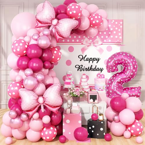 Pink Mouse 2nd Birthday Decorations Girl, Pink Rose Pink Polka Dots Balloons Arch Kit, Huge Bow Foil Balloons, Pink Number 2 Balloon Tower for Baby Shower Girls Mouse Theme 2nd Birthday Party Supplies von Dagelar