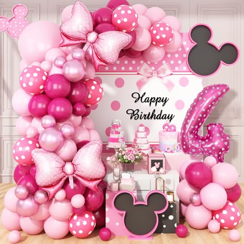 Rosa Maus 4. Geburtstag Dekorationen Mädchen, Rosa Rose Rosa Polka Dots Luftballons Bogen Kit, Riesige Schleife Folienballons, Rosa Nummer 4 Ballon Turm für Baby Shower Mädchen Maus Thema 4. von Dagelar