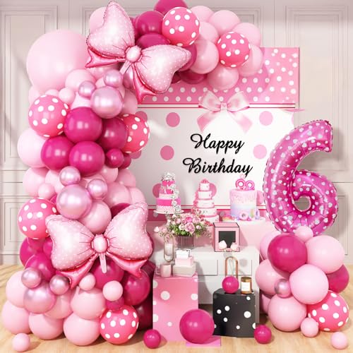 Rosa Maus 6 Geburtstag Dekorationen Mädchen, Rosa Rose Rosa Polka Dots Luftballons Bogen Kit, Riesige Schleife Folienballons, Rosa Nummer 6 Ballon Turm für Baby Shower Mädchen Maus Thema 6. Geburtstag von Dagelar