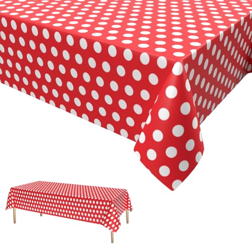 Rote Polka Dot Tischdecke,Geburtstag Tischdecke Rote Weiß Einweg Tischdecke aus Kunststoff Wasserdicht Plastik Bierbank Tischdecke Geburtstag Dekorationen für Jungen Mädchen 137 * 274cm von Dagelar