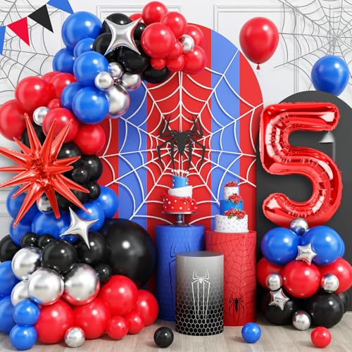 Spider 5th Birthday Decorations for Boys, Royal Blue Black Red Silver Balloon Garland Arch Kit with 40 Inch Red Number 5 Balloon Tower, Spider 5th Birthday Balloons for Kids Superhero Theme Party von Dagelar