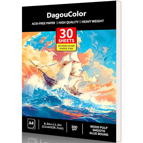 DagouColor A4 30 Blätter Aquarell Papier Pad für säurefreie Kunst Zeichnungspapier für Künstler, Holz Zellstoff glatter Kleber gebunden, 300gsm, 21CM X 29.7CM (BOAT) von DagouColor