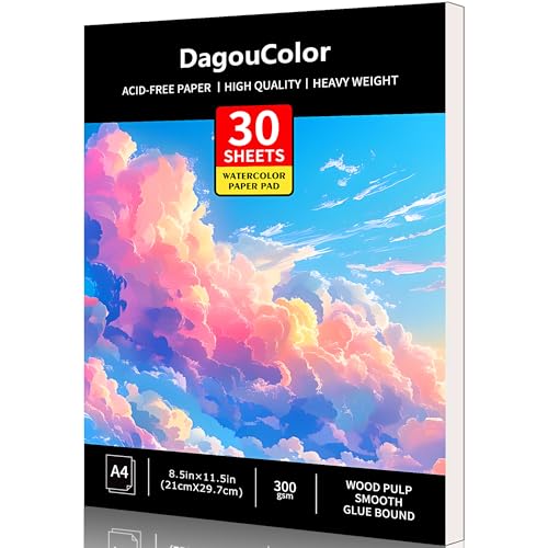 DagouColor A4 30 Blätter Aquarell Papier Pad für säurefreie Kunst Zeichnungspapier für Künstler, Holz Zellstoff glatter Kleber gebunden, 300gsm, 21CM X 29.7CM (CLOUD) von DagouColor