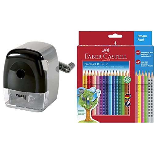 Dahle 133 Manuelle Spitzmaschine grau/schwarz & Faber-Castell 201540 - Buntstifte Set für Kinder und Erwachsene, 24-teilig, dreikant, bruchsicher, inkl. 4 Neonfarben und 2 Bleistiften von Dahle