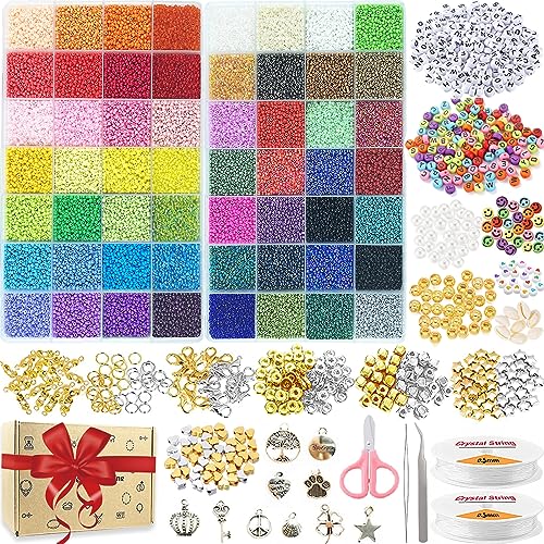 44295pcs 56 Farben 2mm Rocailles Perlen Set Perlen zum Auffädeln, Glasperlen zum Auffädeln, Perlen für Armbänder Ketten Ringe Handykette Schmuckherstellung,Perlenset mit 615 Zubehör Buchstaben von Dahudtin