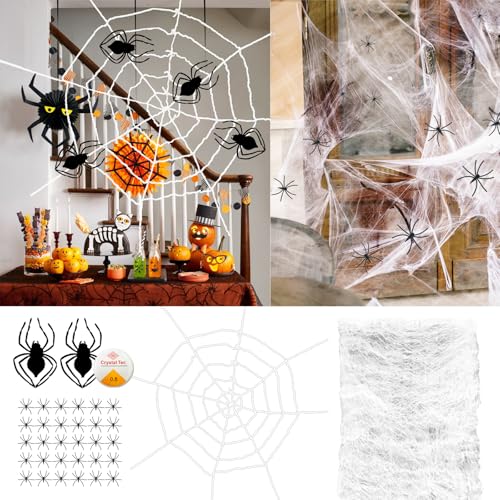 Daily Treasures 300g Dehnbar Spinnennetz Halloween&1,5m großes weißes Spinnennetz Deko & 32pcs Realistische Spinnen,(1500sqft) Deco Mesh,Halloween Deko Spinnennetz Horror Deko Innenbereich/Draußen von Daily Treasures