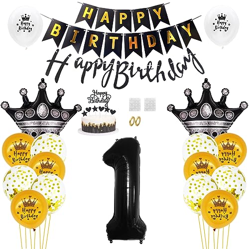 Daimay 1. Geburtstag Dekorationen Schwarz Gold Geburtstagsdeko Mann Frauen Happy Birthday Banner Konfetti Luftballons Nummer Folienballons Krone Mylar Ballon Tortendeko für 1 Jahre Geburtstagsdeko von Daimay