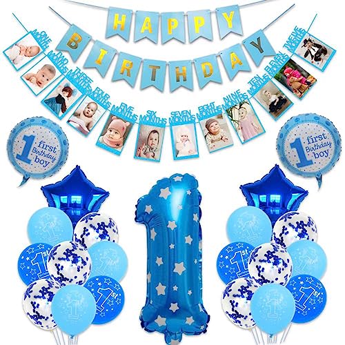 Daimay 1. Geburtstag Dekorationen für Junge 1 Jahr Geburtstag Luftballons Girlande Baby Fotogirlande Kinder Ersten Geburtstag Monat Foto Banner für Erster Geburtstag Dekorationen - Blau von Daimay