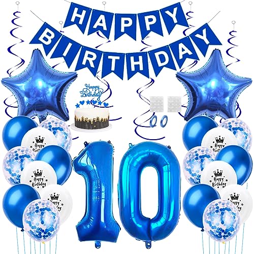 Daimay 10. Geburtstag Dekorationen Blau Geburtstagsdeko Mann Frauen Happy Birthday Banner Konfetti Luftballons Nummer Folienballons Stern Mylar Ballon Tortendeko für 10 Jahre Geburtstagsdeko von Daimay