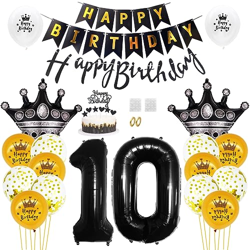 Daimay 10. Geburtstag Dekorationen Schwarz Gold Geburtstagsdeko Mann Frauen Happy Birthday Banner Konfetti Luftballons Nummer Folienballons Krone Mylar Ballon Tortendeko für 10 Jahre Geburtstagsdeko von Daimay