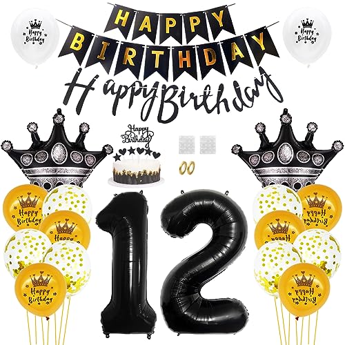 Daimay 12. Geburtstag Dekorationen Schwarz Gold Geburtstagsdeko Mann Frauen Happy Birthday Banner Konfetti Luftballons Nummer Folienballons Krone Mylar Ballon Tortendeko für 12 Jahre Geburtstagsdeko von Daimay