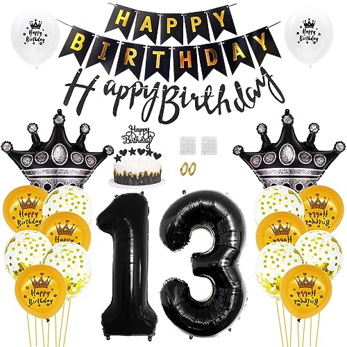 Daimay 13. Geburtstag Dekorationen Schwarz Gold Geburtstagsdeko Mann Frauen Happy Birthday Banner Konfetti Luftballons Nummer Folienballons Krone Mylar Ballon Tortendeko für 13 Jahre Geburtstagsdeko von Daimay