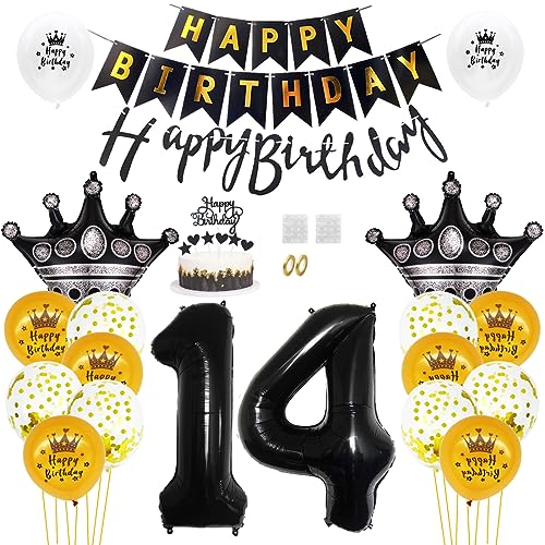 Daimay 14. Geburtstag Dekorationen Schwarz Gold Geburtstagsdeko Mann Frauen Happy Birthday Banner Konfetti Luftballons Nummer Folienballons Krone Mylar Ballon Tortendeko für 14 Jahre Geburtstagsdeko von Daimay