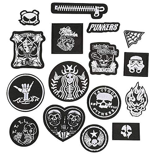 Daimay 16 PCS Patches aufbügeln Gestickte Applikationen Gestickte Patches in Schwarzweiss für Kleidung, Rucksack, Mützen, Jeans, Schuhe, Jacke, Handtasche etc von Daimay