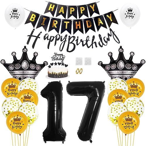 Daimay 17. Geburtstag Dekorationen Schwarz Gold Geburtstagsdeko Mann Frauen Happy Birthday Banner Konfetti Luftballons Nummer Folienballons Krone Mylar Ballon Tortendeko für 17 Jahre Geburtstagsdeko von Daimay