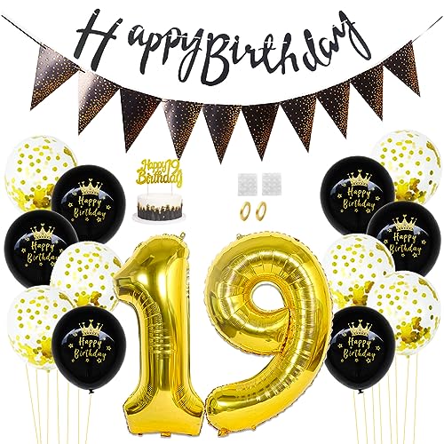 Daimay 19. Geburtstag Dekorationen Schwarz Gold Geburtstagsdeko Mann Frauen Happy Birthday Banner Konfetti Luftballons Nummer Folienballons Geburtstag Tortendeko für 19 Jahre Geburtstagsdeko von Daimay