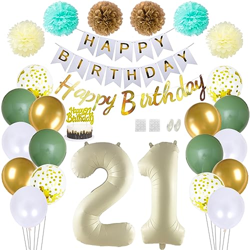 Daimay 21 Geburtstag Deko Frauen Mann Grün Beige Geburtstag Luftballon Dekoration Gold Weiß Party Deco Happy Birthday Girlande 21 Jahr Geburtstagdeko Ballons Pompons Konfetti Luftballons Tortenaufsatz von Daimay