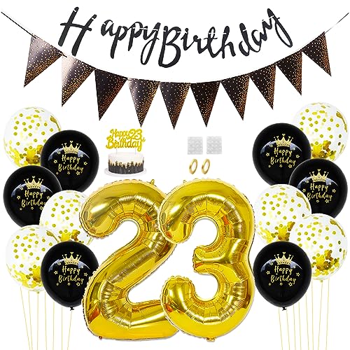 Daimay 23. Geburtstag Dekorationen Schwarz Gold Geburtstagsdeko Mann Frauen Happy Birthday Banner Konfetti Luftballons Nummer Folienballons Geburtstag Tortendeko für 23 Jahre Geburtstagsdeko von Daimay