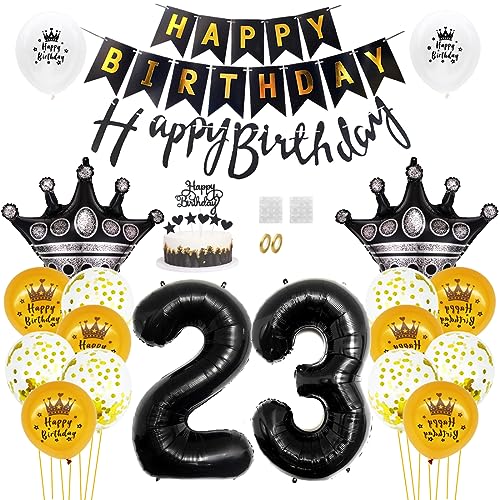 Daimay 23. Geburtstag Dekorationen Schwarz Gold Geburtstagsdeko Mann Frauen Happy Birthday Banner Konfetti Luftballons Nummer Folienballons Krone Mylar Ballon Tortendeko für 23 Jahre Geburtstagsdeko von Daimay