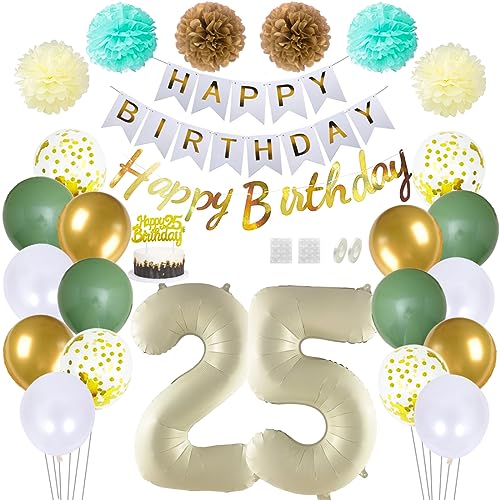 Daimay 25 Geburtstag Deko Frauen Mann Grün Beige Geburtstag Luftballon Dekoration Gold Weiß Party Deco Happy Birthday Girlande 25 Jahr Geburtstagdeko Ballons Pompons Konfetti Luftballons Tortenaufsatz von Daimay