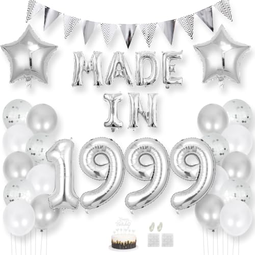 Daimay 26 Jahr Geburtstag Deko Frauen Mann MADE IN 1999 Luftballons Silber Geburtstagdeko Ballons Folienballons Luftballons Dreieckflagge Stern Mylar Foil Ballon Konfetti Luftballons Tortenaufsatz von Daimay