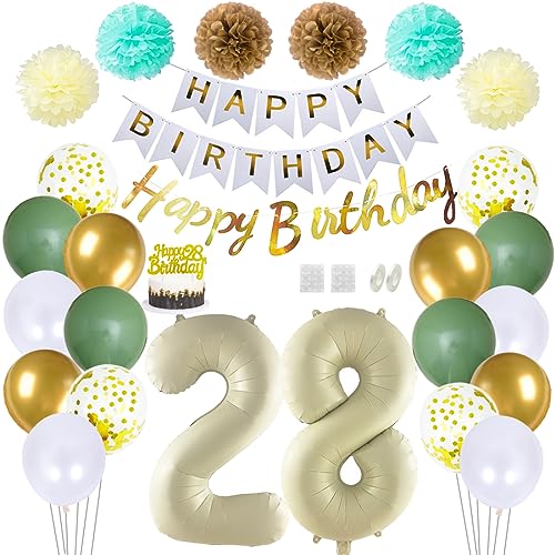 Daimay 28 Geburtstag Deko Frauen Mann Grün Beige Geburtstag Luftballon Dekoration Gold Weiß Party Deco Happy Birthday Girlande 28 Jahr Geburtstagdeko Ballons Pompons Konfetti Luftballons Tortenaufsatz von Daimay