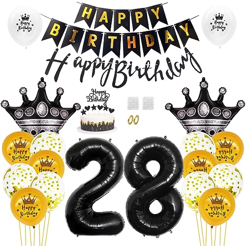 Daimay 28. Geburtstag Dekorationen Schwarz Gold Geburtstagsdeko Mann Frauen Happy Birthday Banner Konfetti Luftballons Nummer Folienballons Krone Mylar Ballon Tortendeko für 28 Jahre Geburtstagsdeko von Daimay