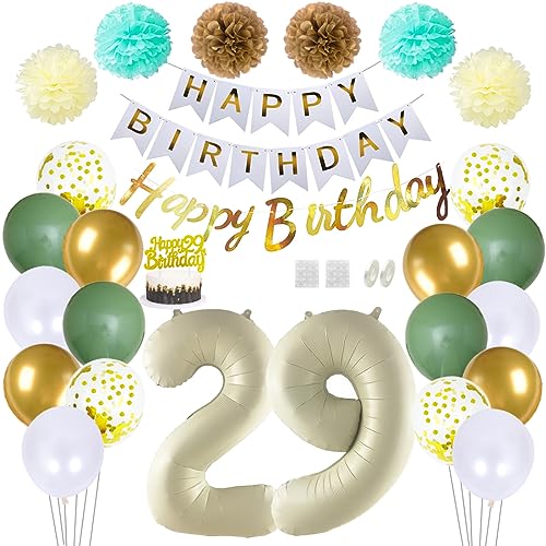 Daimay 29 Geburtstag Deko Frauen Mann Grün Beige Geburtstag Luftballon Dekoration Gold Weiß Party Deco Happy Birthday Girlande 29 Jahr Geburtstagdeko Ballons Pompons Konfetti Luftballons Tortenaufsatz von Daimay