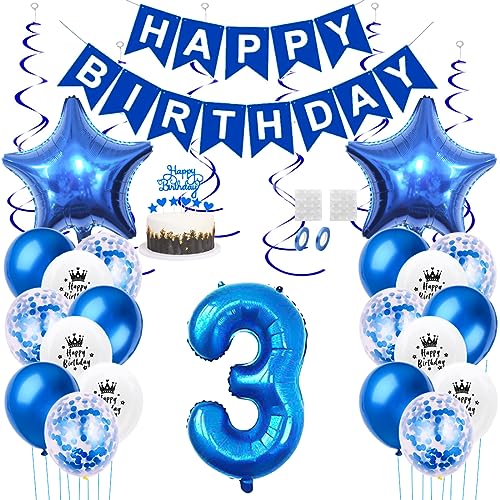 Daimay 3. Geburtstag Dekorationen Blau Geburtstagsdeko Mann Frauen Happy Birthday Banner Konfetti Luftballons Nummer Folienballons Stern Mylar Ballon Tortendeko für 3 Jahre Geburtstagsdeko von Daimay