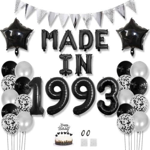 Daimay 32 Jahr Geburtstag Deko Frauen Mann MADE IN 1993 Luftballons Schwarz Geburtstagdeko Ballons Folienballons Luftballons Dreieckflagge Stern Mylar Foil Ballon Konfetti Luftballons Tortenaufsatz von Daimay