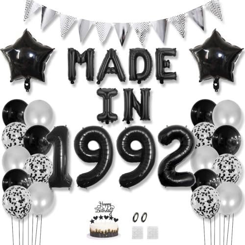 Daimay 33 Jahr Geburtstag Deko Frauen Mann MADE IN 1992 Luftballons Schwarz Geburtstagdeko Ballons Folienballons Luftballons Dreieckflagge Stern Mylar Foil Ballon Konfetti Luftballons Tortenaufsatz von Daimay