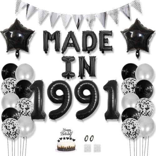 Daimay 34 Jahr Geburtstag Deko Frauen Mann MADE IN 1991 Luftballons Schwarz Geburtstagdeko Ballons Folienballons Luftballons Dreieckflagge Stern Mylar Foil Ballon Konfetti Luftballons Tortenaufsatz von Daimay