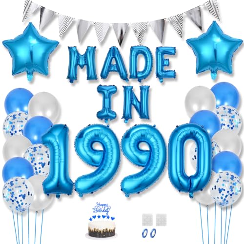 Daimay 35 Jahr Geburtstag Deko Frauen Mann MADE IN 1990 Luftballons Blau Geburtstagdeko Ballons Folienballons Luftballons Dreieckflagge Stern Mylar Foil Ballon Konfetti Luftballons Tortenaufsatz von Daimay