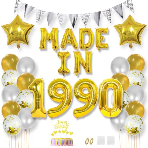 Daimay 35 Jahr Geburtstag Deko Frauen Mann MADE IN 1990 Luftballons Gold Geburtstagdeko Ballons Folienballons Luftballons Dreieckflagge Stern Mylar Foil Ballon Konfetti Luftballons Tortenaufsatz von Daimay