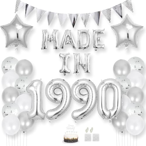 Daimay 35 Jahr Geburtstag Deko Frauen Mann MADE IN 1990 Luftballons Silber Geburtstagdeko Ballons Folienballons Luftballons Dreieckflagge Stern Mylar Foil Ballon Konfetti Luftballons Tortenaufsatz von Daimay