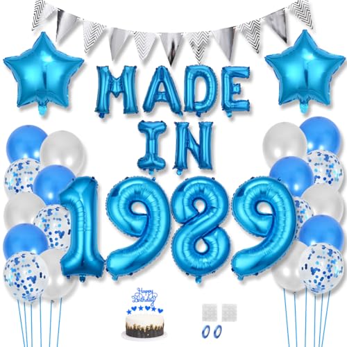 Daimay 36 Jahr Geburtstag Deko Frauen Mann MADE IN 1989 Luftballons Blau Geburtstagdeko Ballons Folienballons Luftballons Dreieckflagge Stern Mylar Foil Ballon Konfetti Luftballons Tortenaufsatz von Daimay