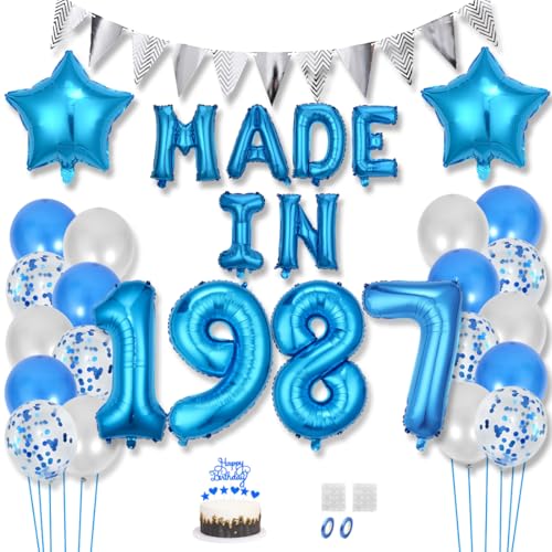 Daimay 38 Jahr Geburtstag Deko Frauen Mann MADE IN 1987 Luftballons Blau Geburtstagdeko Ballons Folienballons Luftballons Dreieckflagge Stern Mylar Foil Ballon Konfetti Luftballons Tortenaufsatz von Daimay