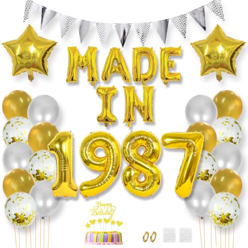 Daimay 38 Jahr Geburtstag Deko Frauen Mann MADE IN 1987 Luftballons Gold Geburtstagdeko Ballons Folienballons Luftballons Dreieckflagge Stern Mylar Foil Ballon Konfetti Luftballons Tortenaufsatz von Daimay