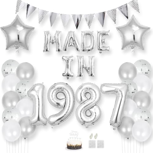 Daimay 38 Jahr Geburtstag Deko Frauen Mann MADE IN 1987 Luftballons Silber Geburtstagdeko Ballons Folienballons Luftballons Dreieckflagge Stern Mylar Foil Ballon Konfetti Luftballons Tortenaufsatz von Daimay