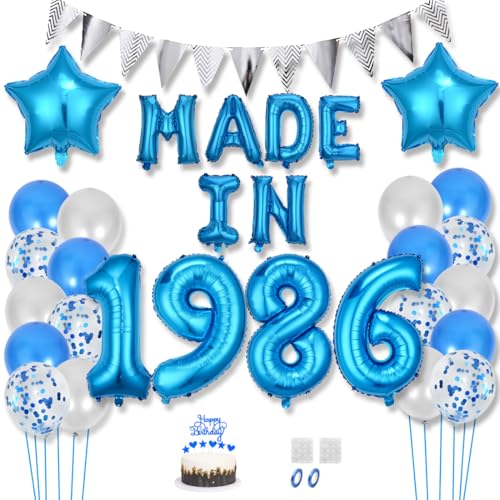 Daimay 39 Jahr Geburtstag Deko Frauen Mann MADE IN 1986 Luftballons Blau Geburtstagdeko Ballons Folienballons Luftballons Dreieckflagge Stern Mylar Foil Ballon Konfetti Luftballons Tortenaufsatz von Daimay