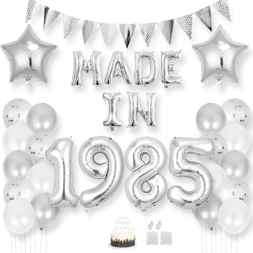 Daimay 40 Jahr Geburtstag Deko Frauen Mann MADE IN 1985 Luftballons Silber Geburtstagdeko Ballons Folienballons Luftballons Dreieckflagge Stern Mylar Foil Ballon Konfetti Luftballons Tortenaufsatz von Daimay