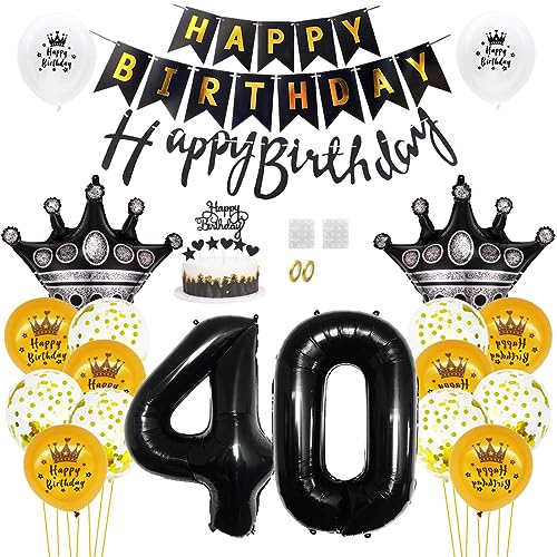 Daimay 40. Geburtstag Dekorationen Schwarz Gold Geburtstagsdeko Mann Frauen Happy Birthday Banner Konfetti Luftballons Nummer Folienballons Krone Mylar Ballon Tortendeko für 40 Jahre Geburtstagsdeko von Daimay