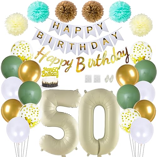 Daimay 50 Geburtstag Deko Frauen Mann Grün Beige Geburtstag Luftballon Dekoration Gold Weiß Party Deco Happy Birthday Girlande 50 Jahr Geburtstagdeko Ballons Pompons Konfetti Luftballons Tortenaufsatz von Daimay