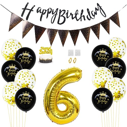 Daimay 6. Geburtstag Dekorationen Schwarz Gold Geburtstagsdeko Mann Frauen Happy Birthday Banner Konfetti Luftballons Nummer Folienballons Geburtstag Tortendeko für 6 Jahre Geburtstagsdeko von Daimay