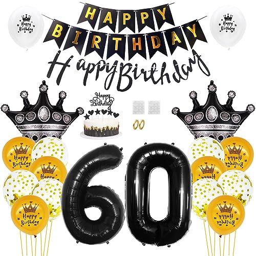 Daimay 60. Geburtstag Dekorationen Schwarz Gold Geburtstagsdeko Mann Frauen Happy Birthday Banner Konfetti Luftballons Nummer Folienballons Krone Mylar Ballon Tortendeko für 60 Jahre Geburtstagsdeko von Daimay