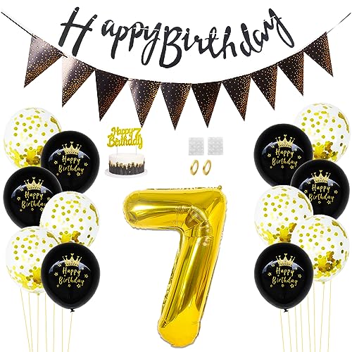 Daimay 7. Geburtstag Dekorationen Schwarz Gold Geburtstagsdeko Mann Frauen Happy Birthday Banner Konfetti Luftballons Nummer Folienballons Geburtstag Tortendeko für 7 Jahre Geburtstagsdeko von Daimay