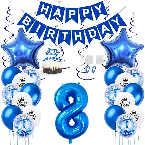 Daimay 8. Geburtstag Dekorationen Blau Geburtstagsdeko Mann Frauen Happy Birthday Banner Konfetti Luftballons Nummer Folienballons Stern Mylar Ballon Tortendeko für 8 Jahre Geburtstagsdeko von Daimay