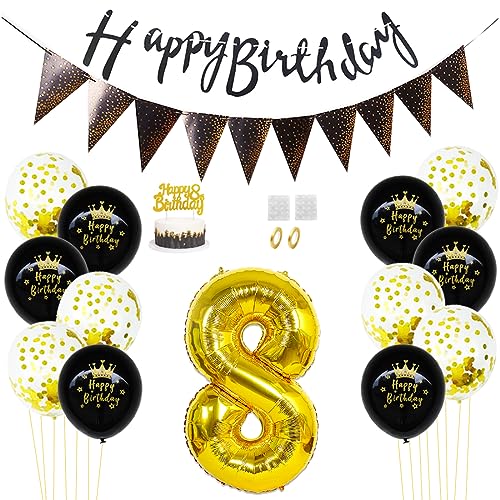 Daimay 8. Geburtstag Dekorationen Schwarz Gold Geburtstagsdeko Mann Frauen Happy Birthday Banner Konfetti Luftballons Nummer Folienballons Geburtstag Tortendeko für 8 Jahre Geburtstagsdeko von Daimay