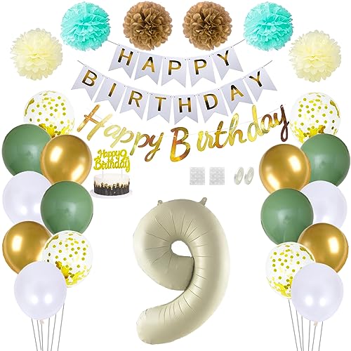 Daimay 9 Geburtstag Deko Frauen Mann Grün Beige Geburtstag Luftballon Dekoration Gold Weiß Party Deco Happy Birthday Girlande 9 Jahr Geburtstagdeko Ballons Pompons Konfetti Luftballons Tortenaufsatz von Daimay