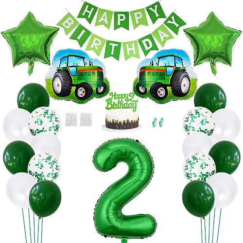 Daimay Traktor Geburtstag Deko 2 Jahre Auto Foil Balloon Happy Birthday Banner Trecker Luftballons Bauernhof Geburtstagsdeko Grün Folienballon Traktor Bagger Tortendeko für Jungen Party Dekoration von Daimay